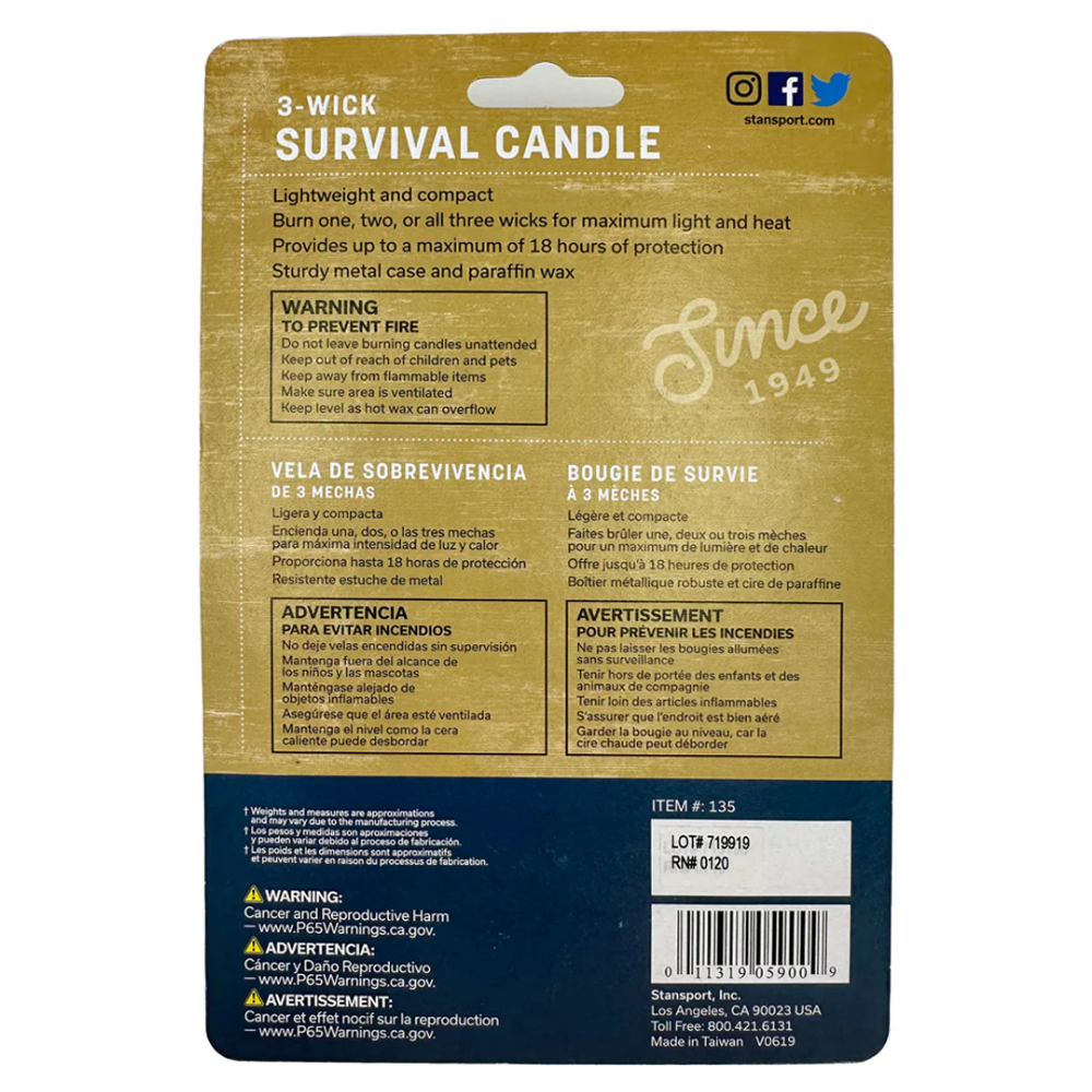 Back of LEO survival candle packaging showing safety warnings and usage instructions in English, Spanish, and French