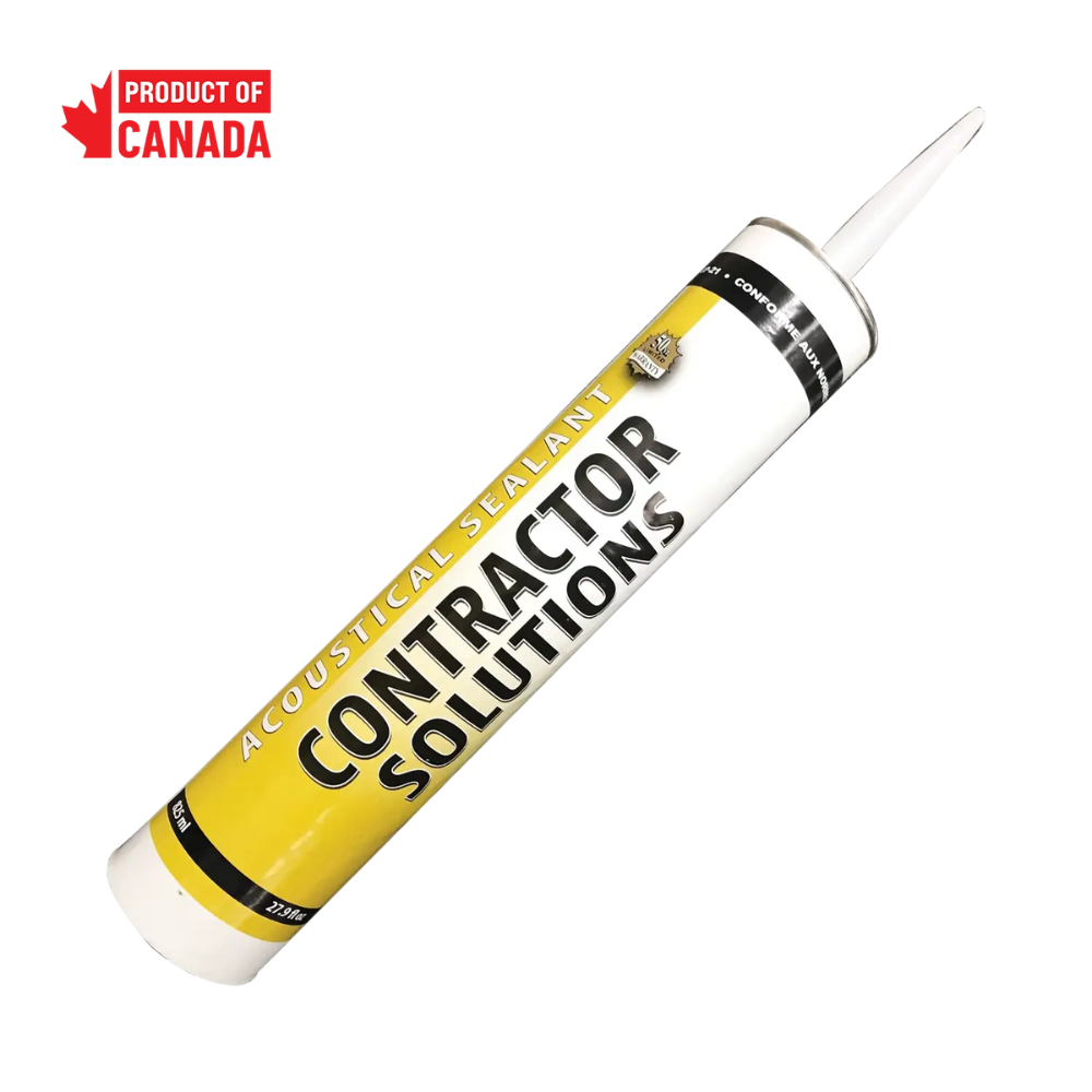 A large Leo Tools CS-ACOUSTI 825ML Acoustical Sealant tube used for soundproofing and reducing noise transmission in wall and floor assemblies.