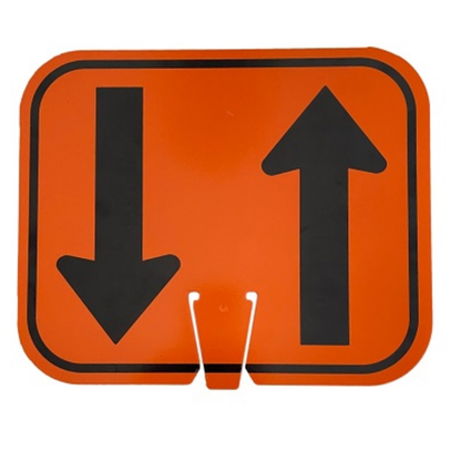 LEO Tools reflective orange sign for traffic cones featuring black two-way directional arrows.