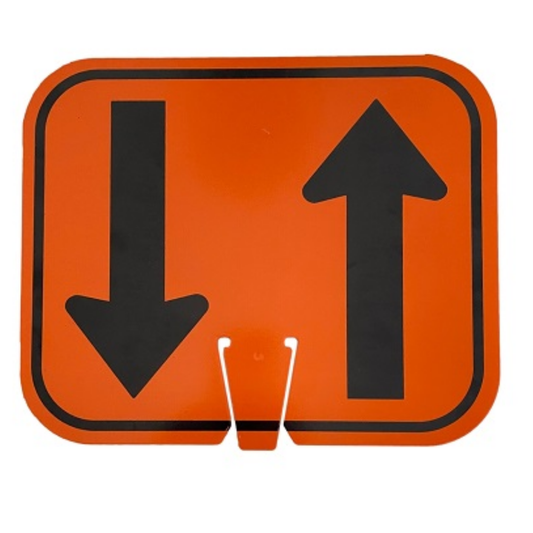LEO Tools reflective orange sign for traffic cones featuring black two-way directional arrows.