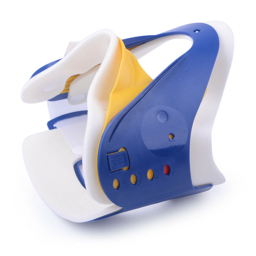Close-up view of the secure hook-and-loop fastening strap system on the LEO trauma neck collar.