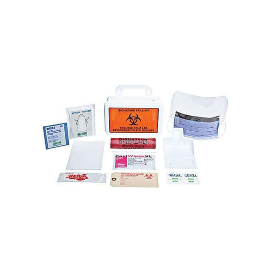 LEO universal biohazard spill kit containing personal protective equipment, absorbent powder, and disinfectant for safe bodily fluid cleanup.