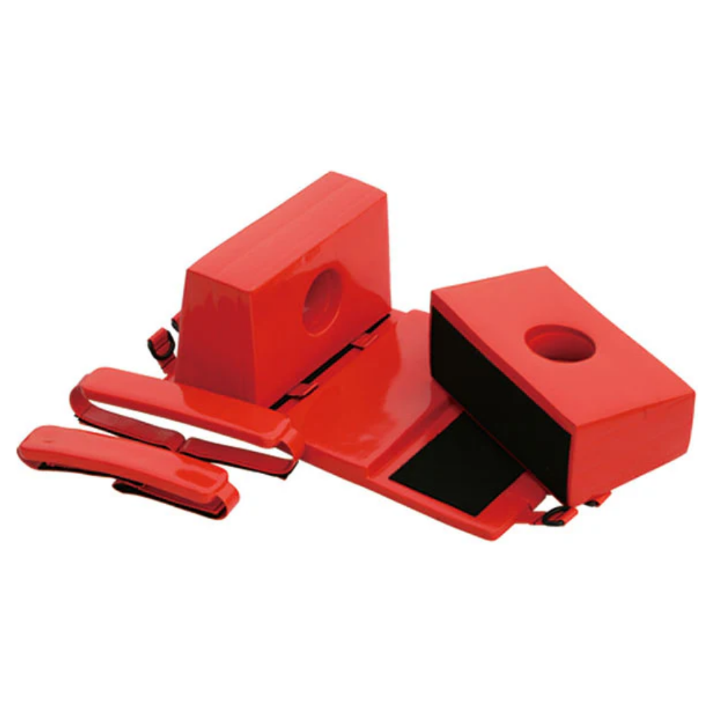 Front view of a red LEO universal head immobilizer with two side blocks and two foam forehead straps.