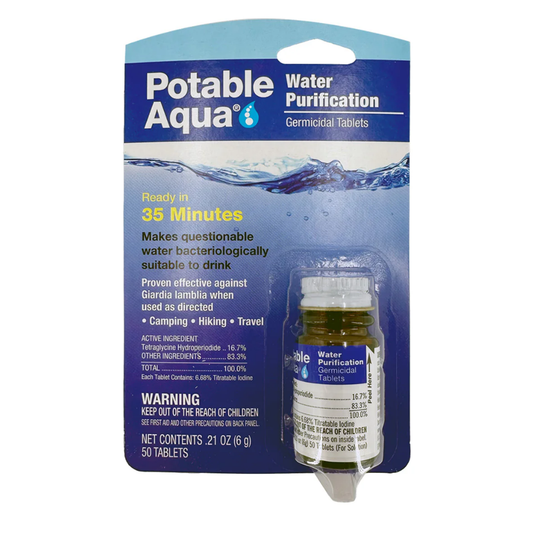 A 50-count bottle of LEO water purification germicidal tablets with a clear label showing emergency water treatment instructions.
