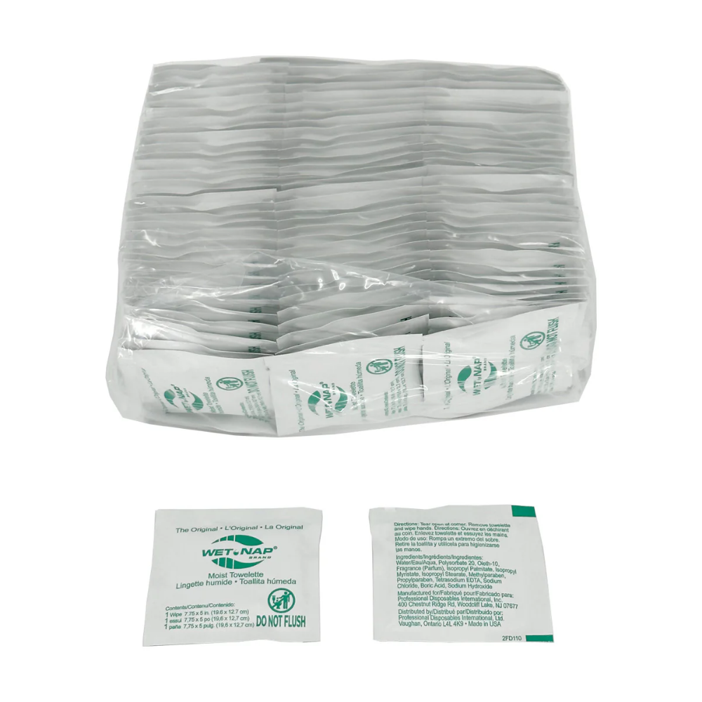 LEO Wet Nap moist towelettes in a 100-count dispensing box for hand sanitizing
