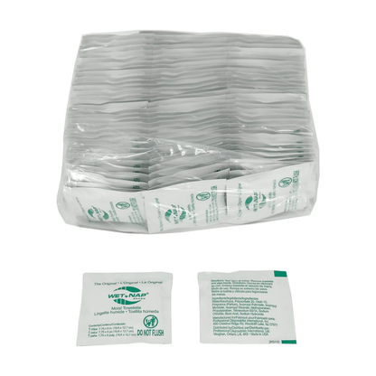 LEO Wet Nap moist towelettes in a 100-count dispensing box for hand sanitizing