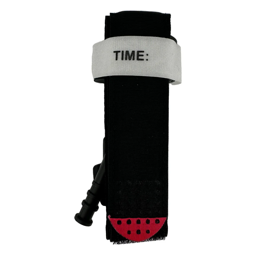 LEO Windless Tourniquet Front View with Time Label and Red Pressure Pad