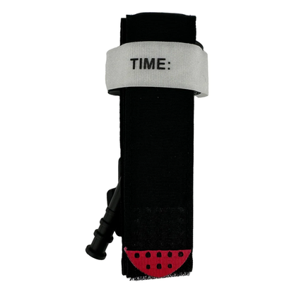 LEO Windless Tourniquet Front View with Time Label and Red Pressure Pad