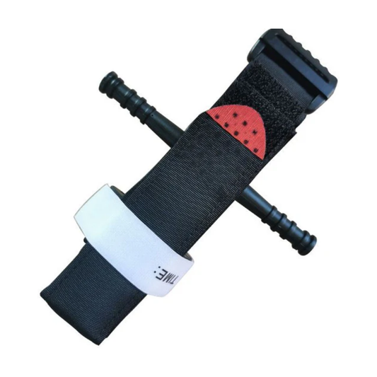 LEO Windless Tourniquet with Red Pressure Pad and Windlass Rod Applied View