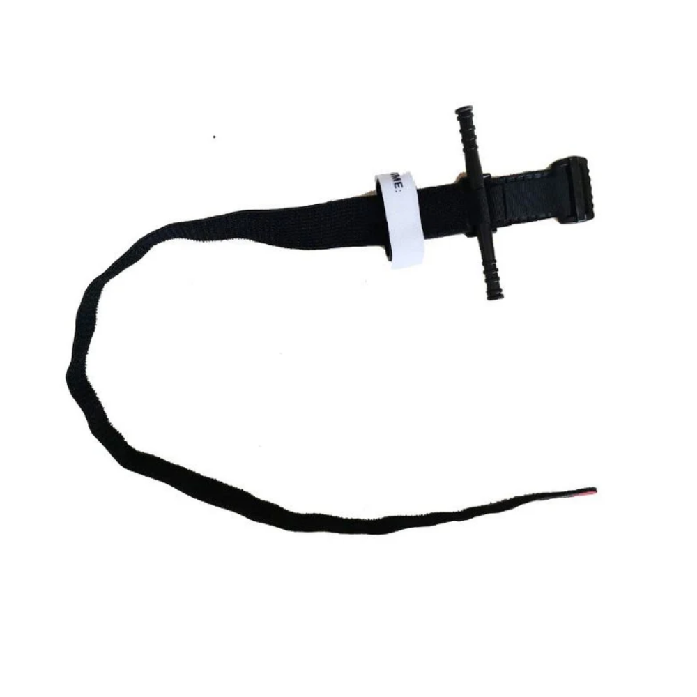 LEO Windless Tourniquet Unrolled Black Strap with Windlass Rod and Time Label