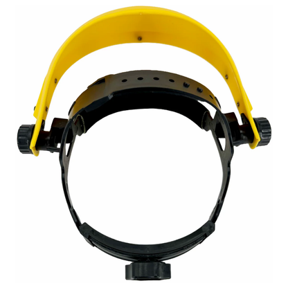 Three-quarter right profile view of the yellow LEO ratchet suspension system with integrated visor mounting studs.