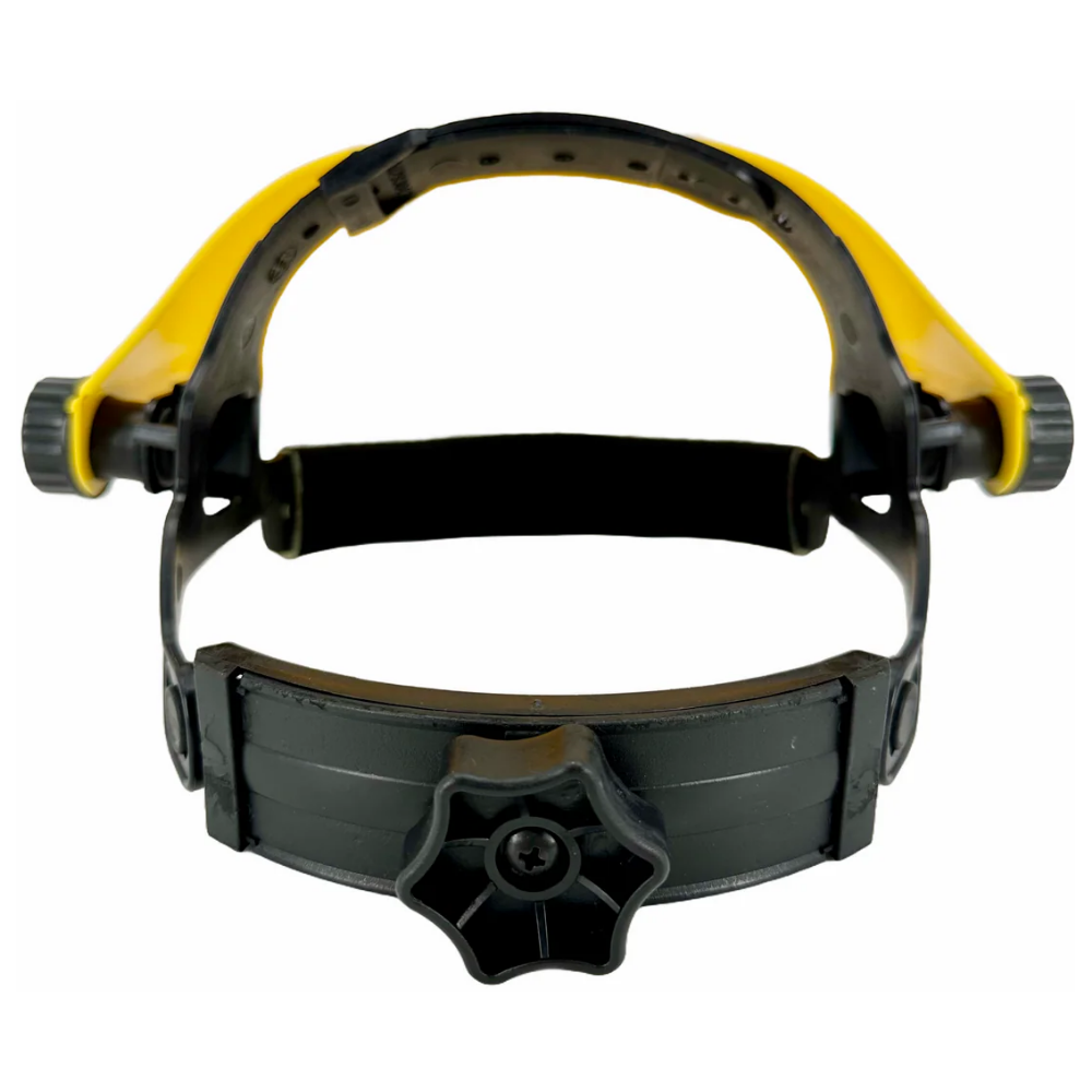Front view of the durable yellow LEO ratchet safety headgear suspension system featuring a brow guard shield.