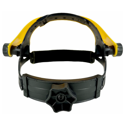 Front view of the durable yellow LEO ratchet safety headgear suspension system featuring a brow guard shield.