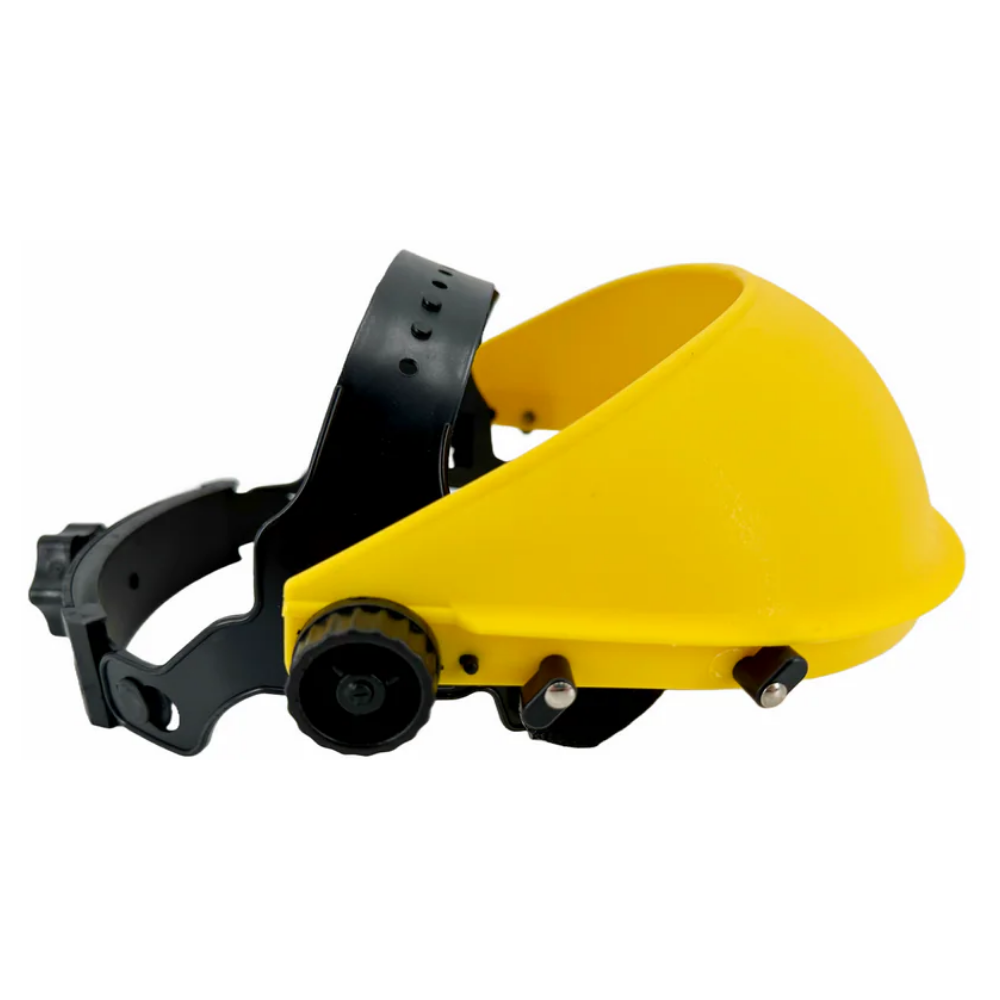Rear close-up view of the yellow LEO ratchet headgear showing the adjustable knob and comfortable suspension headband.