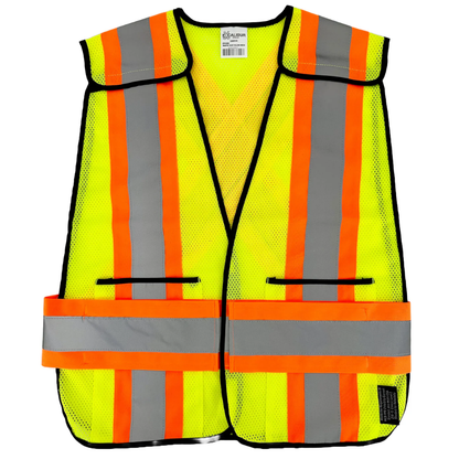 Lime green high visibility traffic vest back view with orange reflective X cross stripes
