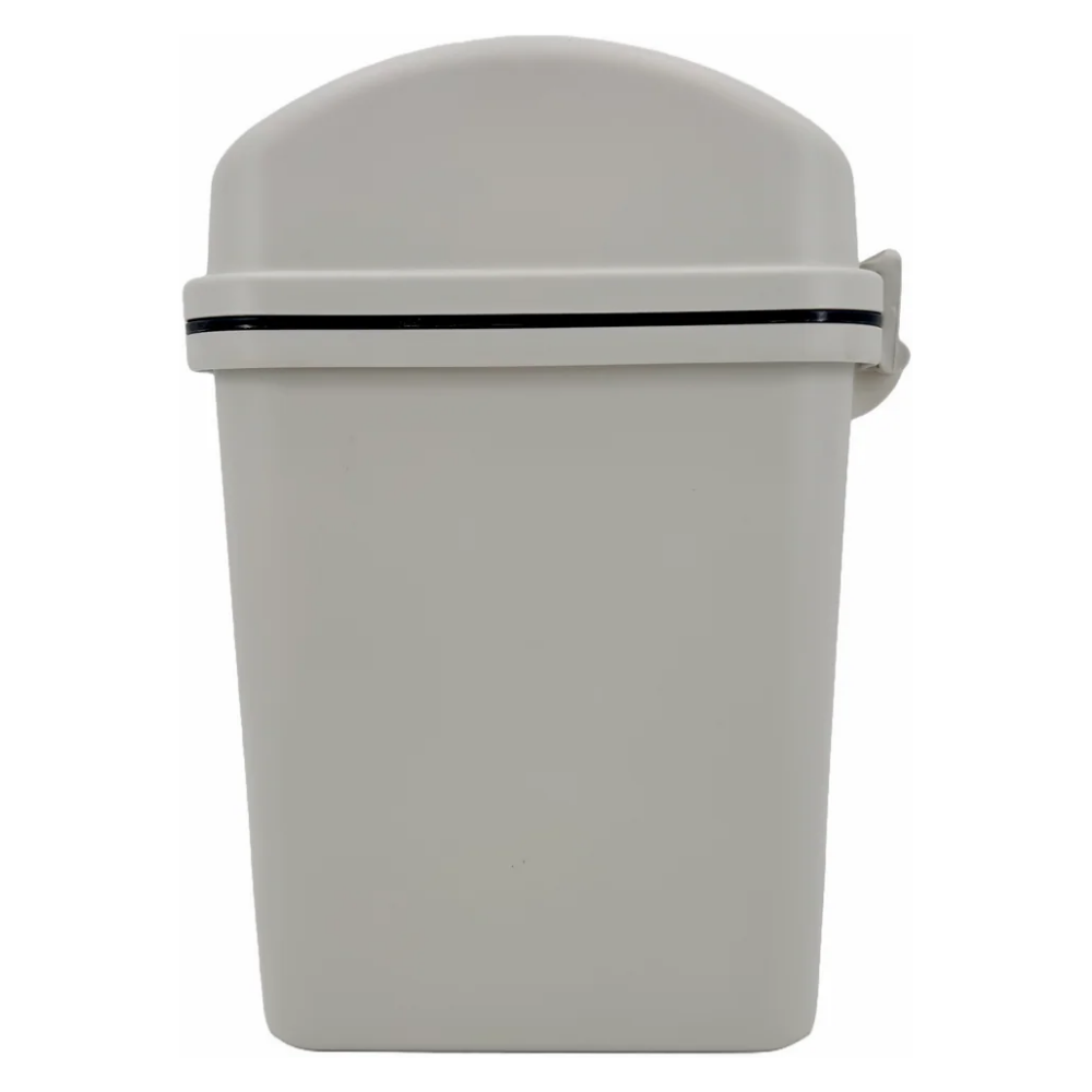 Alt Text: A side view of the Columbia 6L waste bin showing the secure locking mechanism that keeps the swing lid firmly attached to the white bin base.