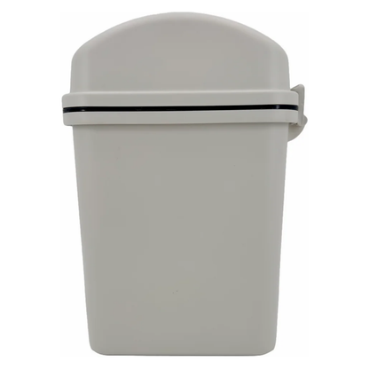 Alt Text: A side view of the Columbia 6L waste bin showing the secure locking mechanism that keeps the swing lid firmly attached to the white bin base.