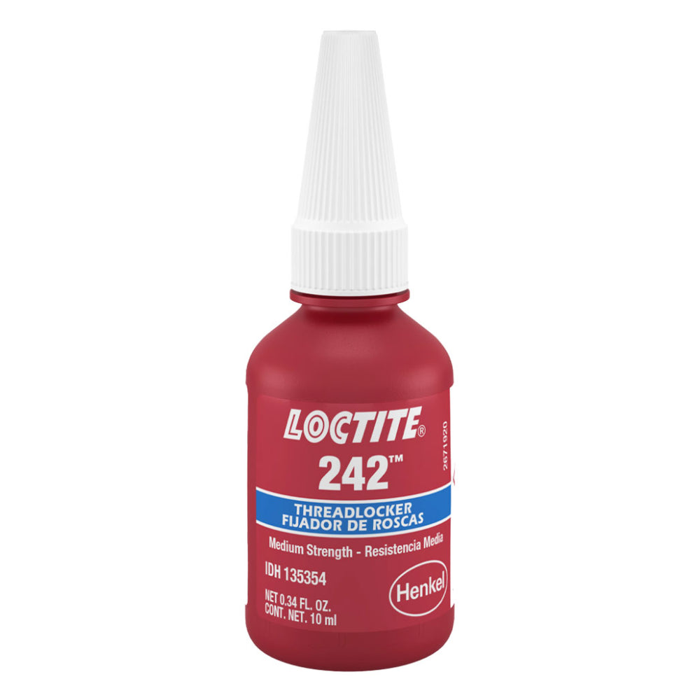 Loctite 242 blue medium strength threadlocker by Henkel in a 10ml 0.34 fl oz red bottle with white precision tip, for removable locking of bolts and fasteners, IDH number 135354
