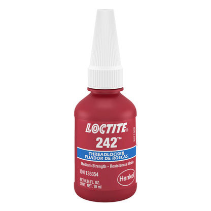 Loctite 242 blue medium strength threadlocker by Henkel in a 10ml 0.34 fl oz red bottle with white precision tip, for removable locking of bolts and fasteners, IDH number 135354