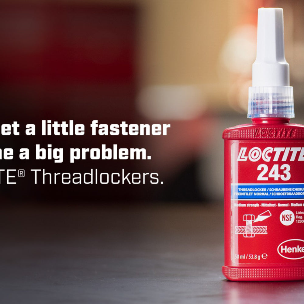 Loctite 243 blue medium strength threadlocker 50ml bottle with NSF certification mark displayed in industrial workshop setting with brand tagline about preventing loose fasteners