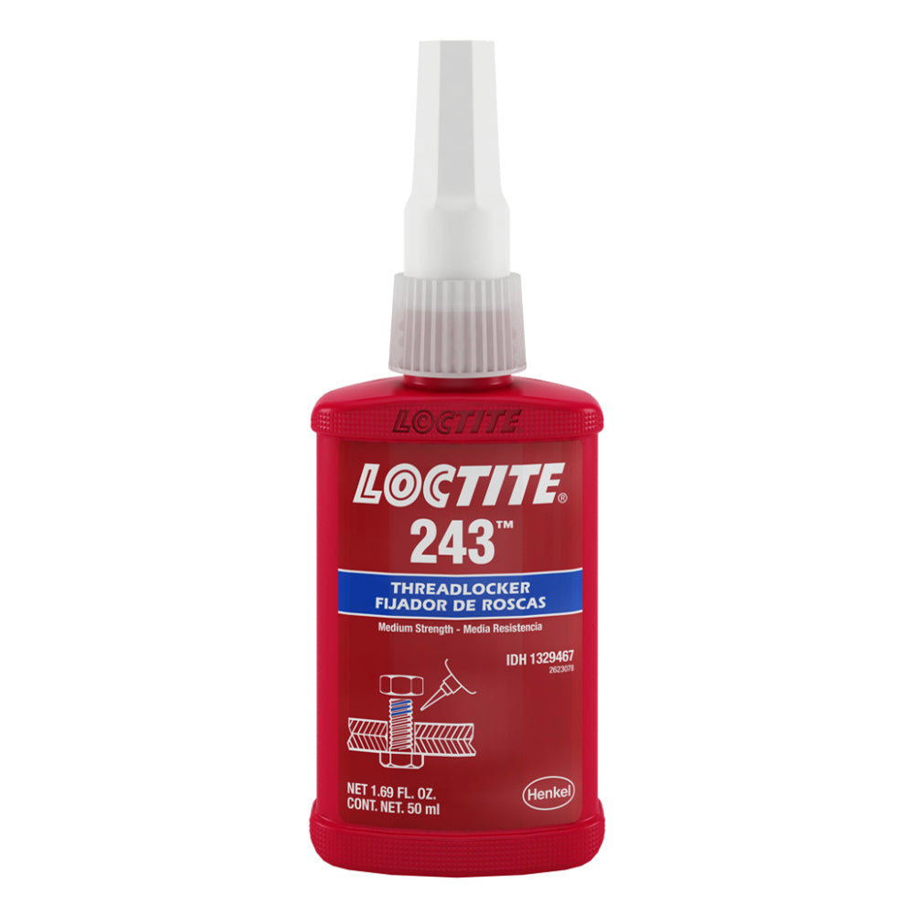 Loctite 243 blue medium strength threadlocker by Henkel in a 50ml 1.69 fl oz red bottle with white precision tip, removable fastener locking formula, IDH number 1329467