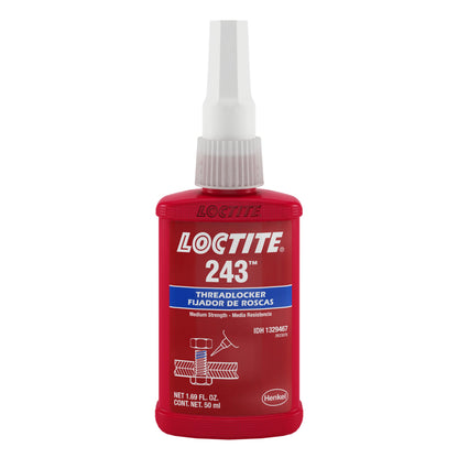 Loctite 243 blue medium strength threadlocker by Henkel in a 50ml 1.69 fl oz red bottle with white precision tip, removable fastener locking formula, IDH number 1329467