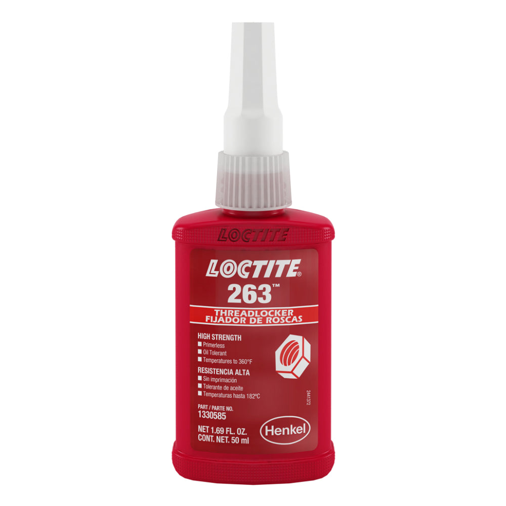 Loctite 263 red high strength primerless oil tolerant threadlocker by Henkel in a 50ml 1.69 fl oz bottle, temperature resistant to 360°F 182°C, for permanent locking of bolts studs and fasteners, part number 1330585