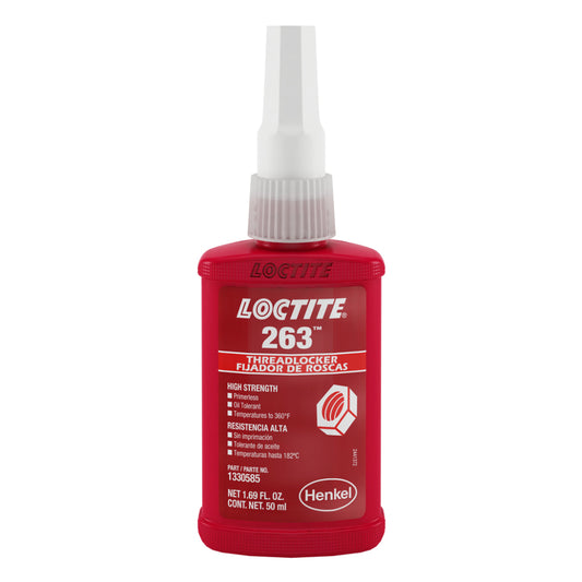 Loctite 263 red high strength primerless oil tolerant threadlocker by Henkel in a 50ml 1.69 fl oz bottle, temperature resistant to 360°F 182°C, for permanent locking of bolts studs and fasteners, part number 1330585