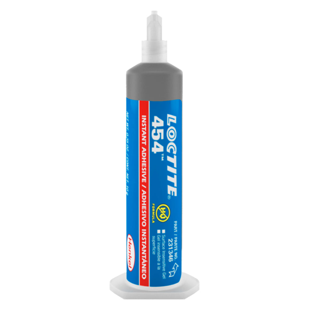 Loctite 454 Prism clear cyanoacrylate surface insensitive gel instant adhesive by Henkel in a 10g syringe applicator, part number 231346, for bonding difficult and porous surfaces
