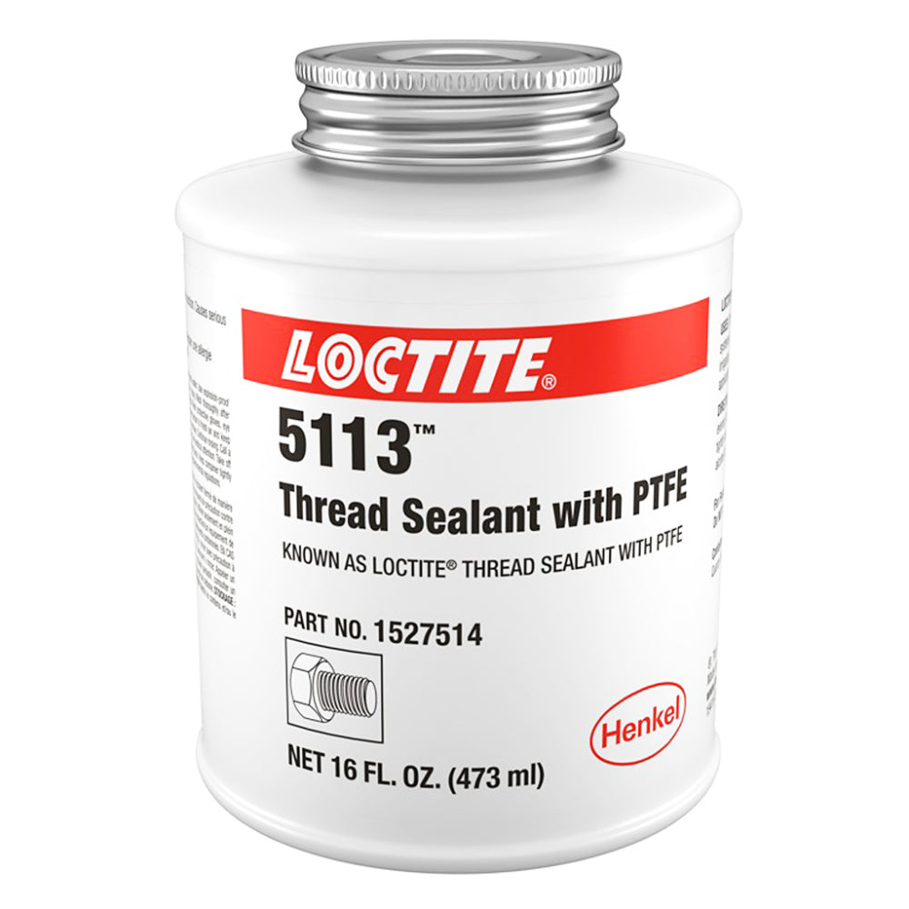 Loctite 5113 white thread sealant with PTFE by Henkel in a 16 fl oz 473ml metal brush-top can, for sealing and lubricating metal pipe threads and fittings, part number 1527514