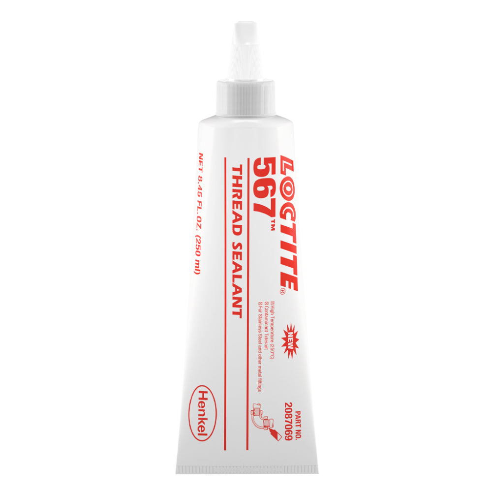 Loctite 567 white thread sealant by Henkel in a 250ml 8.45 fl oz squeeze tube, high temperature 250°C contaminant tolerant formula for stainless steel and metal pipe fittings, part number 2087069
