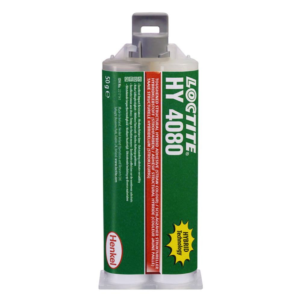 Loctite HY 4080 structural hybrid adhesive 50g dual cartridge by Henkel, showing IDH number 2217141 and hybrid technology emblem.