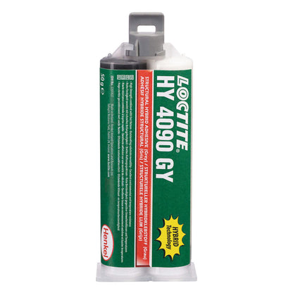 Loctite HY 4090 GY grey structural instant hybrid adhesive 50g dual cartridge by Henkel, displaying IDH 2205827 and Hybrid Technology emblem.