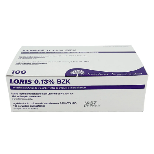 Loris 0.13% BZK Benzalkonium Chloride Antiseptic Wipes 100 Count Box Front View