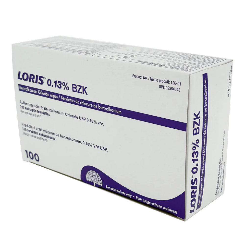 Loris 0.13% BZK Benzalkonium Chloride Antiseptic Wipes 100 Count Box Side View