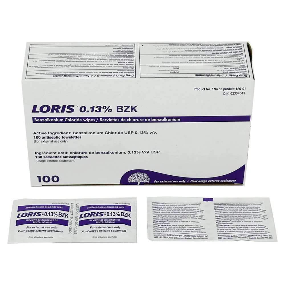Loris 0.13% BZK Benzalkonium Chloride Antiseptic Wipes Box of 100 with Individual Packets