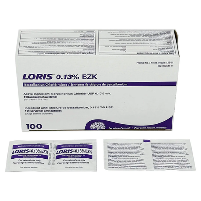 Loris 0.13% BZK Benzalkonium Chloride Antiseptic Wipes Box of 100 with Individual Packets