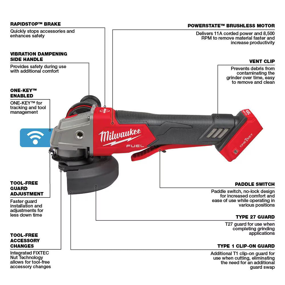 Milwaukee 2882-20 Tool M18 FUEL 18V Li-Ion Brushless Cordless 4-1/2-in/5-in Braking Grinder W/ Paddle Switch (Tool-Only)