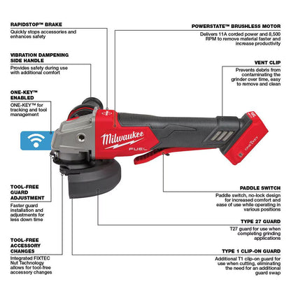 Milwaukee 2882-20 Tool M18 FUEL 18V Li-Ion Brushless Cordless 4-1/2-in/5-in Braking Grinder W/ Paddle Switch (Tool-Only)