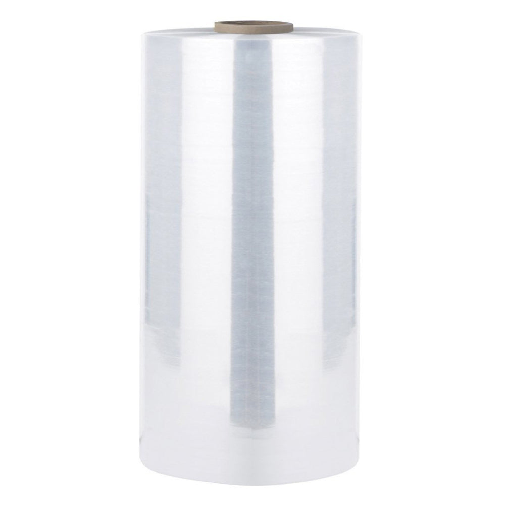 A single wide vertical roll of clear transparent cast machine stretch film wrap featuring two-sided cling property with a brown cardboard inner core isolated on a white background