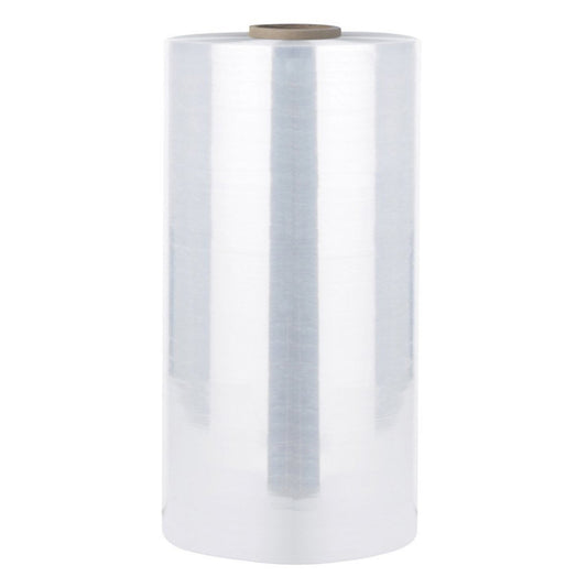A single wide vertical roll of clear transparent cast machine stretch film wrap featuring two-sided cling property with a brown cardboard inner core isolated on a white background