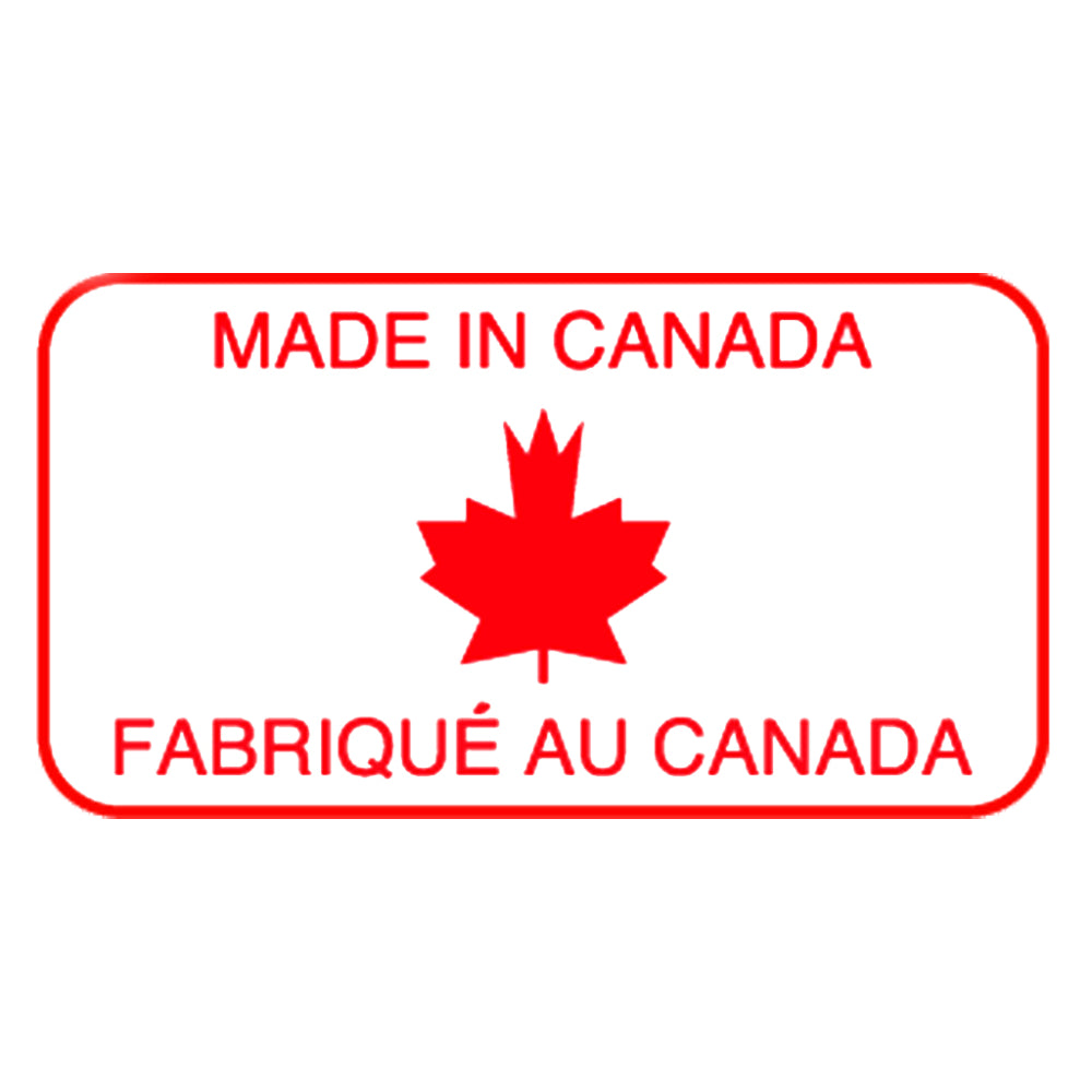 Made in Canada bilingual red and white label with maple leaf, 1.58in x 0.78in, 1000 per roll