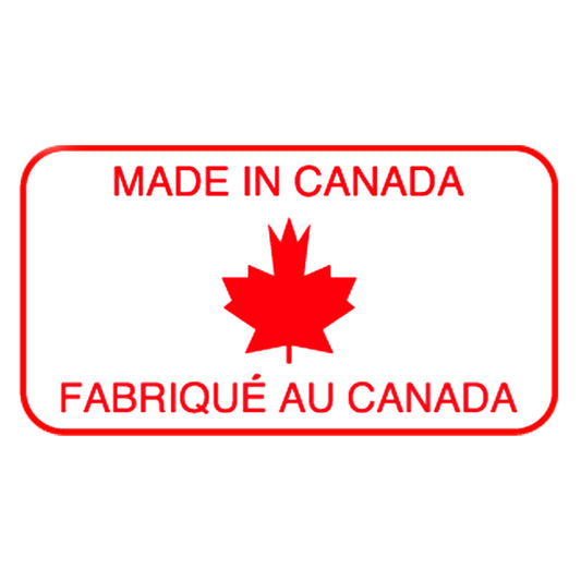 Made in Canada bilingual red and white label with maple leaf, 1.58in x 0.78in, 1000 per roll