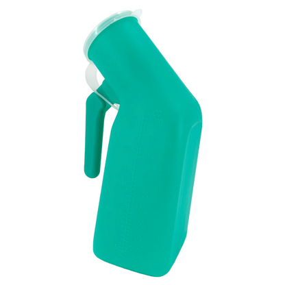 Detailed view of the angled anatomical opening on the LEO plastic male urinal with its integrated blue odor-reducing snap-on lid.