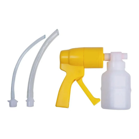 Yellow manual emergency suction pump with collection jar and suction catheters for airway clearance