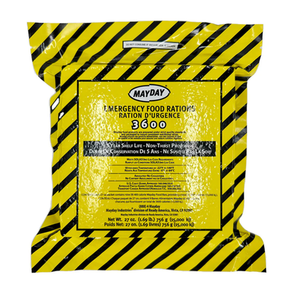 Front view of Mayday 3600 calorie emergency survival food ration with 5-year shelf life