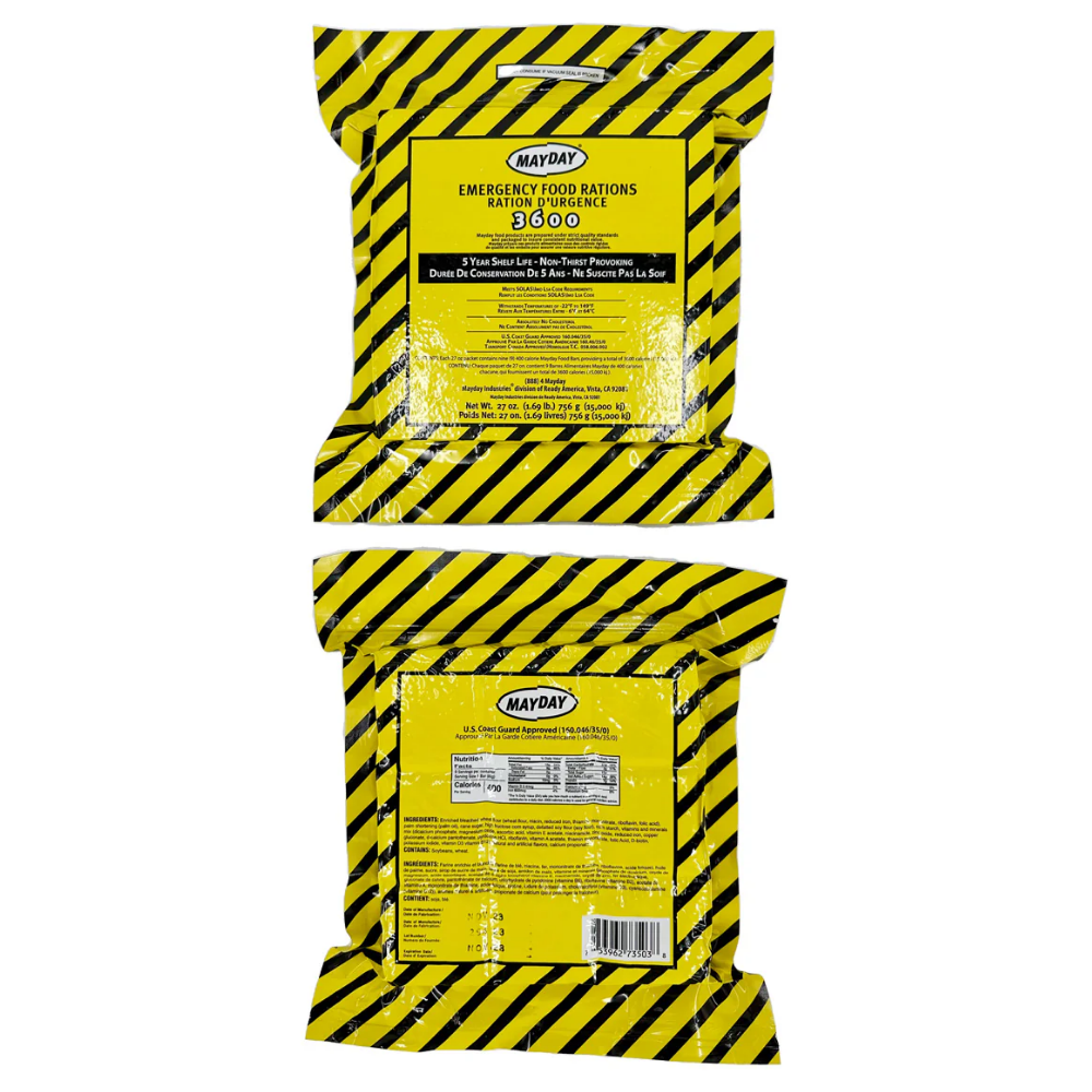 Front and back view of Mayday 3600 calorie survival food rations showing Coast Guard approval