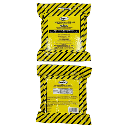 Front and back view of Mayday 3600 calorie survival food rations showing Coast Guard approval