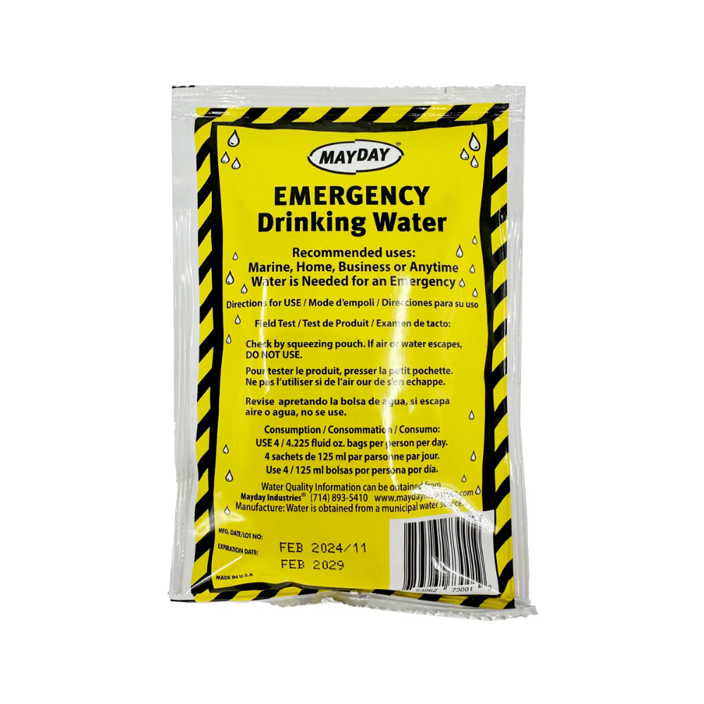 Mayday Emergency Drinking Water Pouch 4.225 oz for Marine Home and Business Use
