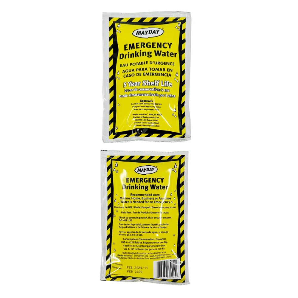  Mayday Emergency Drinking Water Pouches Front and Back View 125ml 5 Year Shelf Life
